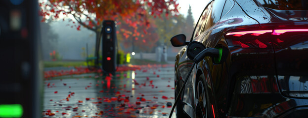 An EV charging at a supercharger. Recharging an Electric Vehicle in the fall, red leaves on the trees and ground, autumn - electric car charger