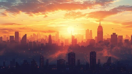 Fototapeta premium A dramatic skyline of a capital city at dawn, with towering skyscrapers silhouetted against the morning sky