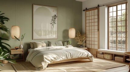 Fototapeta premium cozy japandistyle bedroom with vintage charm featuring a light sage and white color palette woodcut texture painting