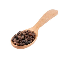 Black pepper corns in wood spoon isolated on transparent png