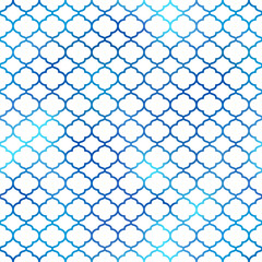 Fototapeta premium Moroccan seamless pattern. Blue Islamic background. Mosque window holographic gradient grid mosaic texture on white background.