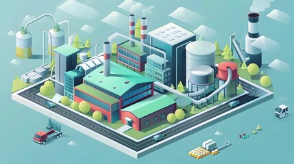 Fototapeta premium A cityscape with a factory and a lot of cars. Scene is industrial and urban