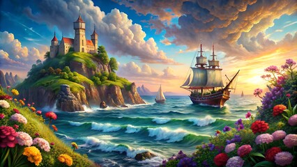 a pirate ship is sailing on the ocean with flowers and a castle in the background.