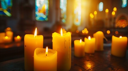 A group of candles burning brightly in a church, creating a serene and peaceful atmosphere
