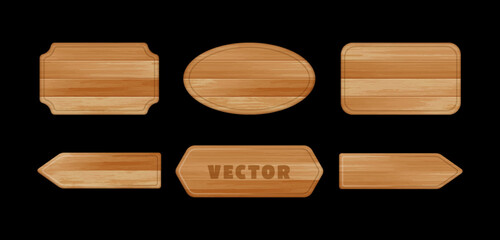 Vector realistic natural brown wooden plaque set. Wood texture rectangle, round, arrow signboard isolated on black background. 3d empty wooden frame for game sign, timber banner, vintage message, menu