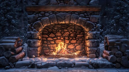 cozy stone fireplace with crackling flames and glowing embers inviting winter ambiance digital art