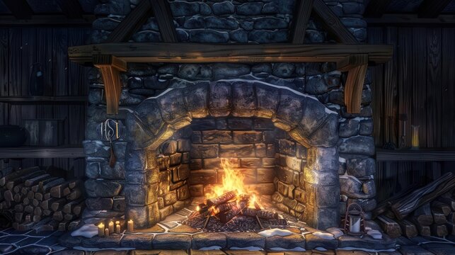 cozy stone fireplace with crackling flames and glowing embers inviting winter ambiance digital art