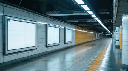 Fototapeta premium Three portrait empty billboards advertising placeholders are displayed on a train station resembling a mockup of a blank white poster An image with copy space