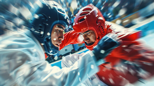 Two men are fighting in a ring with one wearing a red helmet