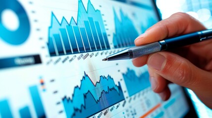 A hand holding a pen and pointing at a financial chart on a whiteboard during a business presentation