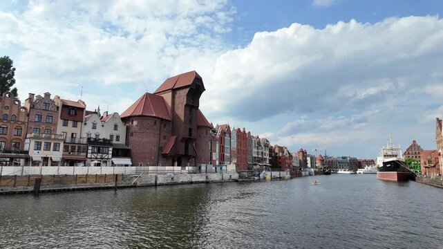 A view of the Motława River and old port crane in Gdansk, Poland