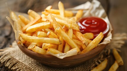 crispy golden french fries served with ketchup in a rustic bowl