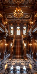 Obraz premium ornate hallway with marble floor and grand staircase