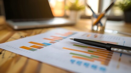 A pen is on top of a bunch of graphs. The graphs are colorful and have different shapes