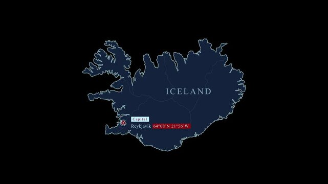 Blue stylized Iceland map with Reykjav&iacute;k capital city and geographic coordinates on black background. Motion graphic vfx digital animation
