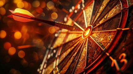 Focused Dart in Bullseye on Dartboard with Glowing Bokeh Background