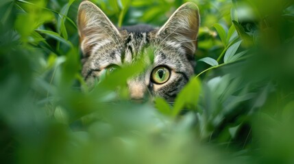 curiosity adorable cat peeking through lush green grass