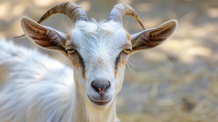 Fototapeta premium curious goat closeup portrait furry farm animal face with horns