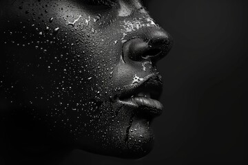 Black woman face on black background with closed eyes, sensation. Oil waves.