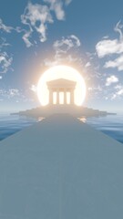 Obraz premium Temple of Dawn: A 3D Digital Masterpiece of a Majestic Temple Illuminated by the Rising Sun