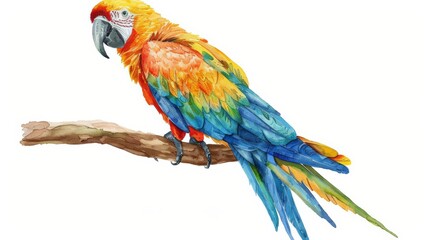Fototapeta premium Watercolor illustration of a colorful parrot perched on a branch. The vibrant feathers create a stunning display.