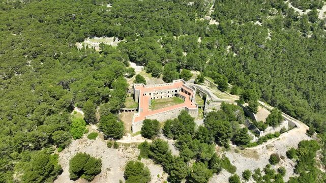 Aerial Pullback Fort Faron Revealing Sunny Toulon Mountain Landscape