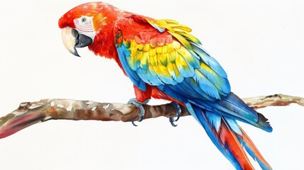 Obraz premium Watercolor illustration of a parrot resting on a branch. The mix of green leaves and bright feathers creates harmony.