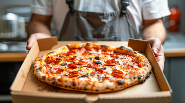 A man holds a box of appetizing pizza in his hands and offers it to others.Generative AI