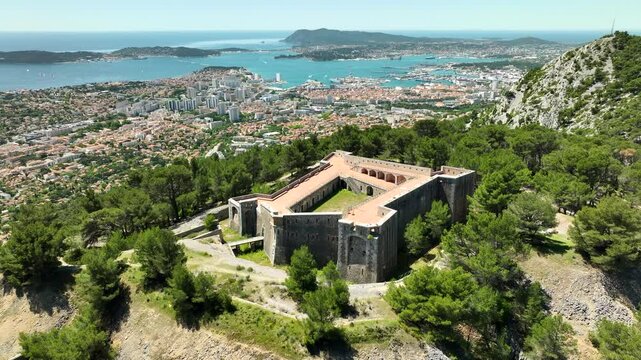 Establishing Aerial Drone View, Toulon City and Fort Faron on Mountain