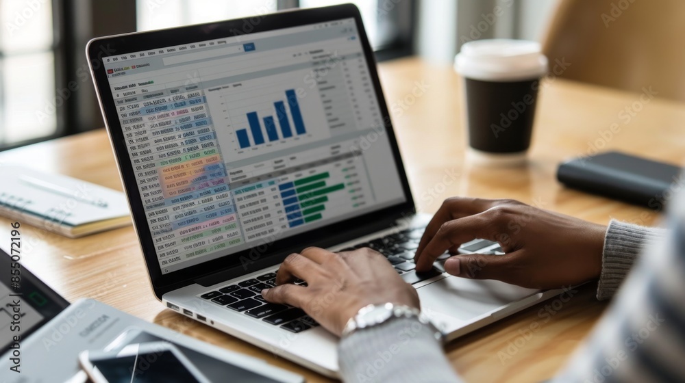 Poster a person using a laptop to manage personal finances, with a spreadsheet and financial graphs on the 
