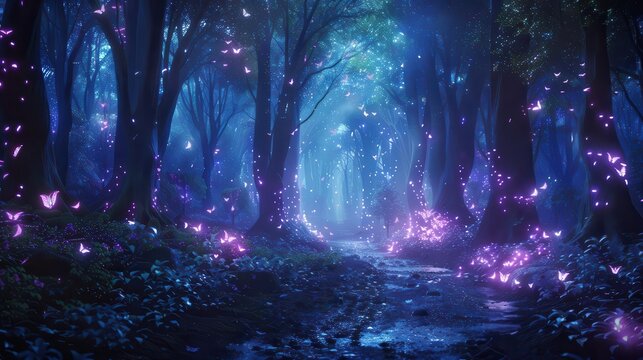 dark fairytale fantasy forest with magical glows enchanting night landscape 3d illustration