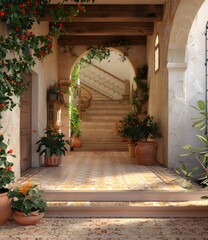 Stone Stairs Leading Up to an Arched Entrance in an Italian Villa