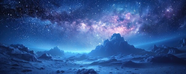A starry night sky over a snowy, mountainous landscape.