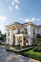 Modern Villa with White Facade and Green Lawn