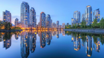 Fototapeta premium A row of high-rise buildings along a riverbank, reflecting beautifully in the calm water