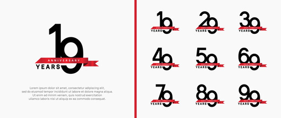 anniversary logo style set. vector design black color with red ribbon for celebration moment