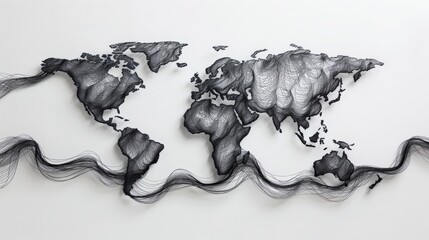 A minimal black technical drawing of global shipping lanes on a white background
