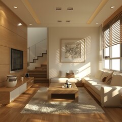 Bright and Airy Living Room with Wood Paneled Wall and White Sofa