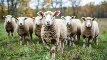 Fototapeta premium a herd of sheep walks freely on a farm on a sunny day, eco farm concept.Generative AI