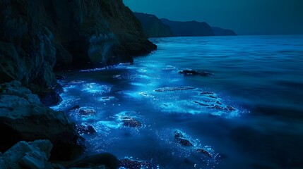 Obraz premium A beautiful blue ocean with glowing blue lights. The lights are scattered throughout the water, creating a mesmerizing and calming atmosphere. Concept of tranquility and wonder