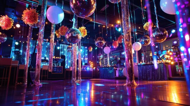 decorated venue with streamers balloons and disco balls for nostalgic adult prom theme