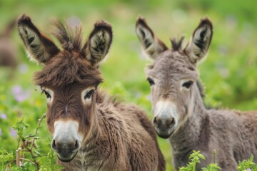 Fototapeta premium Baby Donkey. Cute baby donkey and mother on floral meadow