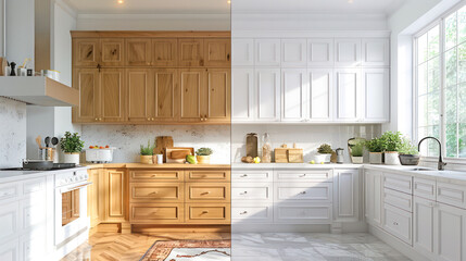 Kitchen before and after renovation, copy space for text.Generative AI