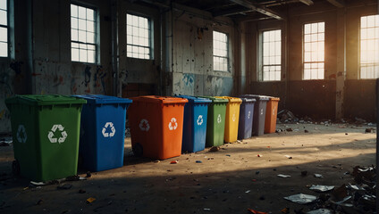 Plastic recycle bins eco banner in office building indoors outdoors city waste management service