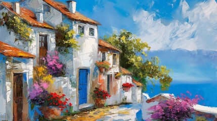 Beautiful village landscape on the hill, oil painting illustration