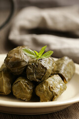 traditional dolma in grape leaves on a plate with sauce