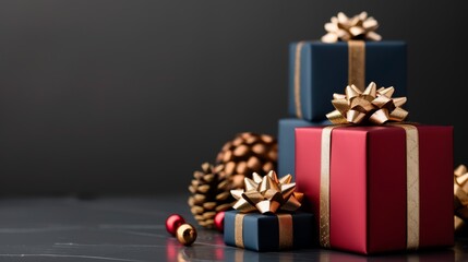 Beautifully wrapped dark blue and red gift boxes with golden bows, standing out against a pure black background, a luxurious and celebratory composition