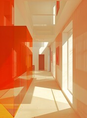 An empty hallway with bright orange walls and large windows