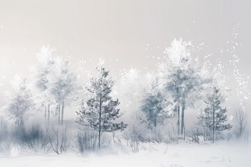 Fototapeta premium Snow-covered trees in a serene winter forest with falling snowflakes.