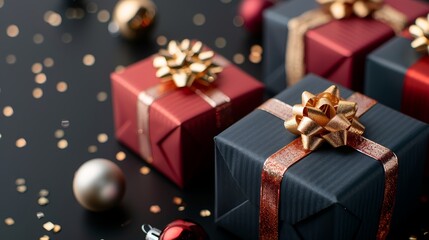 Beautifully wrapped dark blue and red gift boxes with golden bows, standing out against a pure black background, a luxurious and celebratory composition